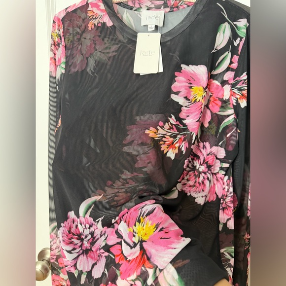 Johnny Was Black Sheer Floral Mesh Top with Pink Flowers - Picture 5 of 12